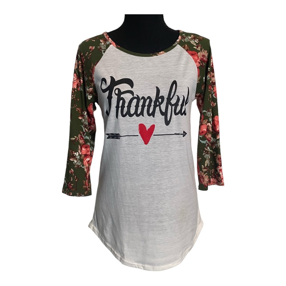 Dream Style Floral Raglan Long Sleeve “Thankful” Tee - Size S, White/Green/Pink
